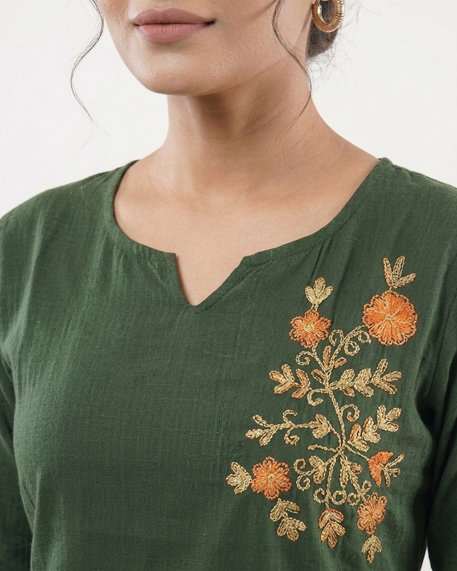 Bottle Green Floral Embroidered Cotton Slub Tunic
