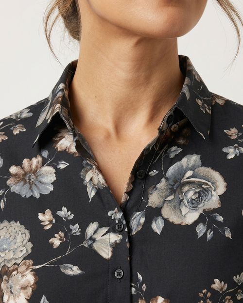 Black Cotton Shirt with Vintage Floral Print