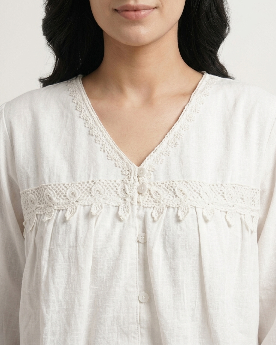 White Boho Lace Embroidered V-Neck Top
