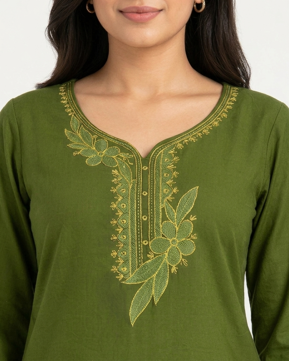 Women's Olive Green Cotton Kurta with Intricate Floral Embroidery