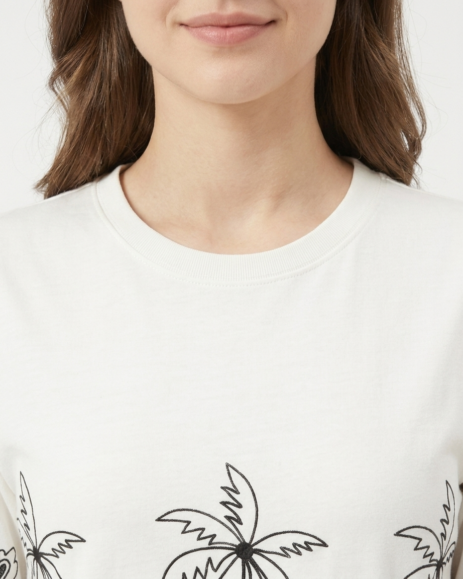 Women's Off-White Cotton T-Shirt with Black Tropical Palm Outline Print
