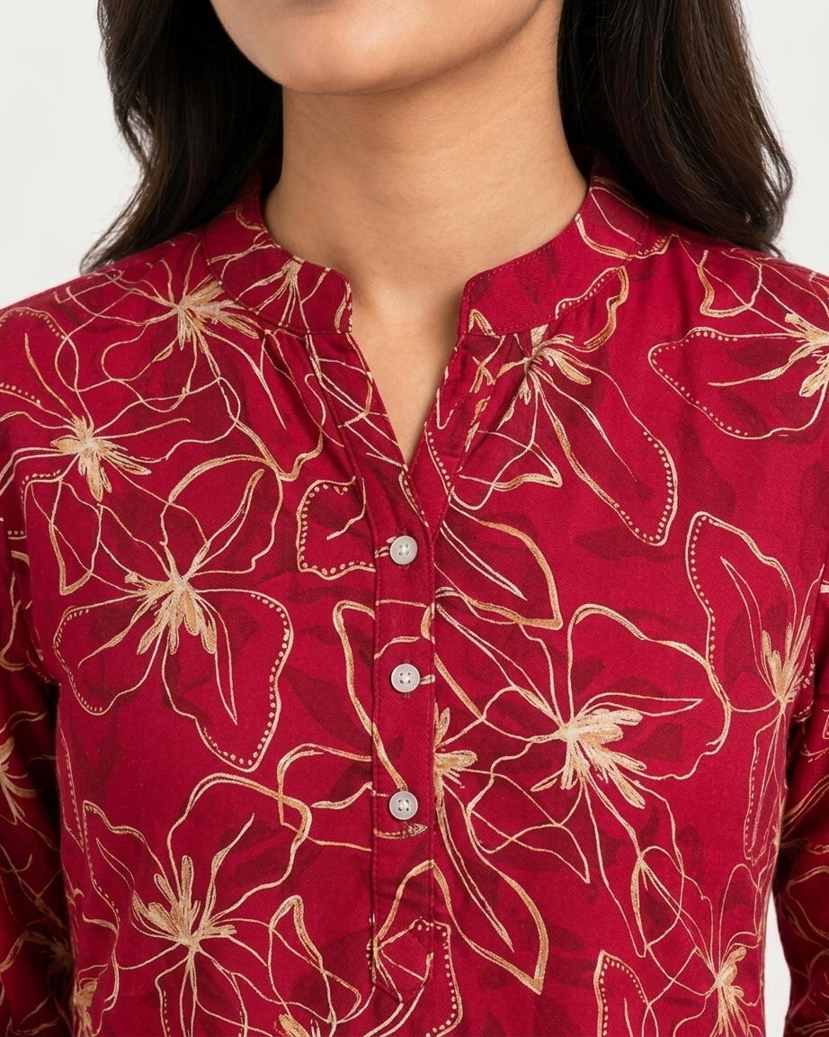 Cherry Red Floral Print Tunic with Mandarin Collar & Roll-Up Sleeves