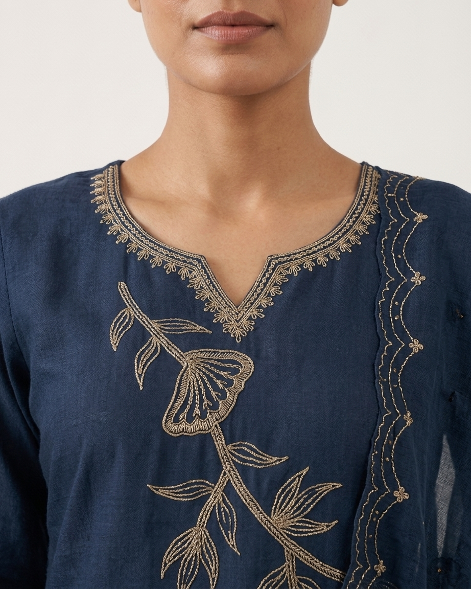 Women's Navy Blue Silk Kurta Set with Gold Floral Embroidery & Sheer Dupatta