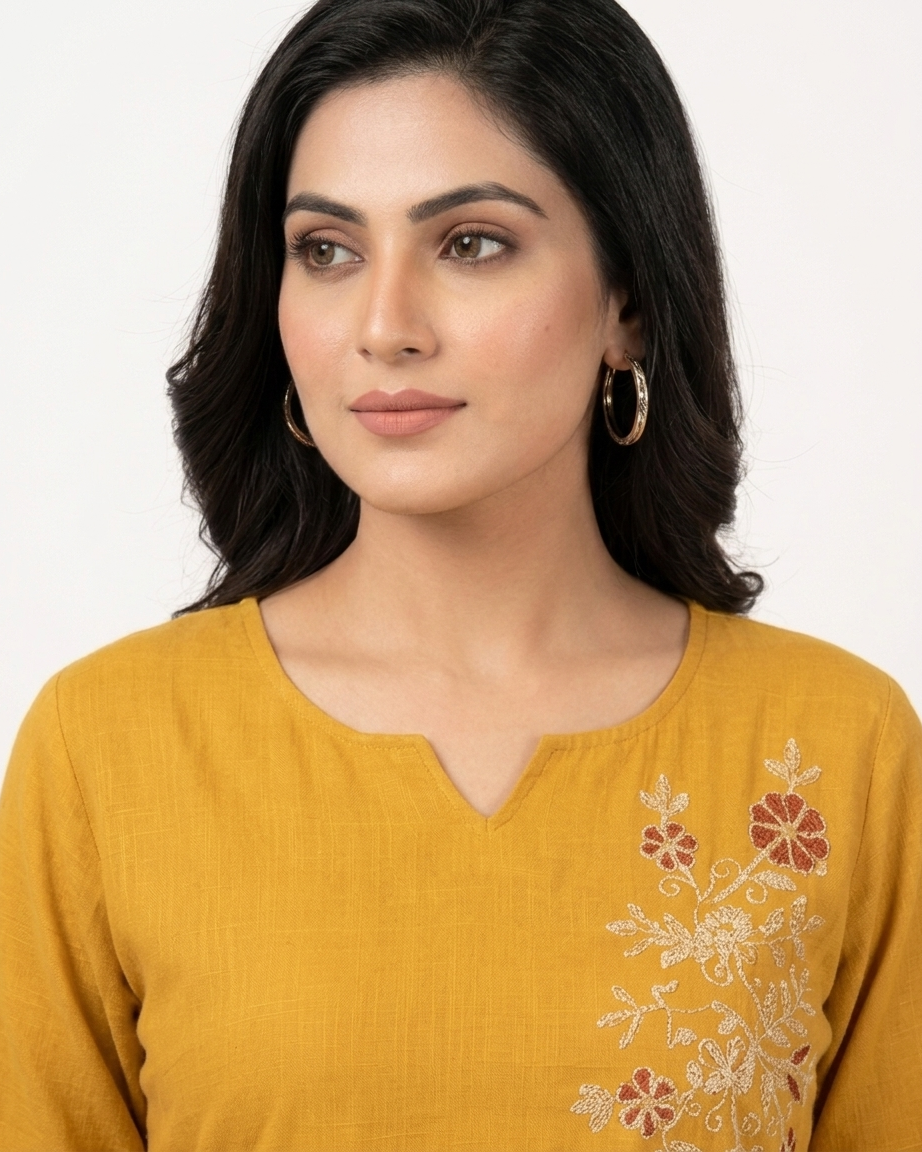 Mustard Yellow Cotton Slub Embroidered Tunic