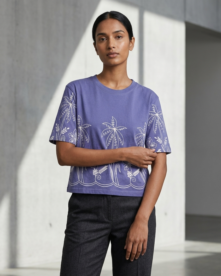 Women's Lavender Purple T-Shirt with White Tropical Palm Tree Print