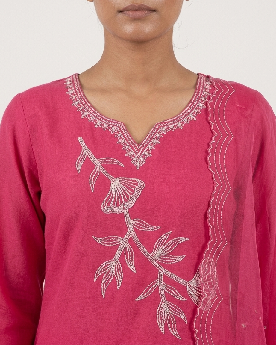 Women's Magenta Pink Silk Kurta Set with Silver Floral Embroidery & Scalloped Dupatta