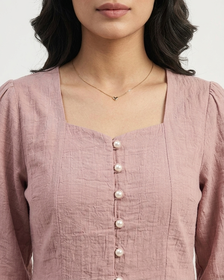 Mauve Pink Textured Peplum Top with Pearl Button Details