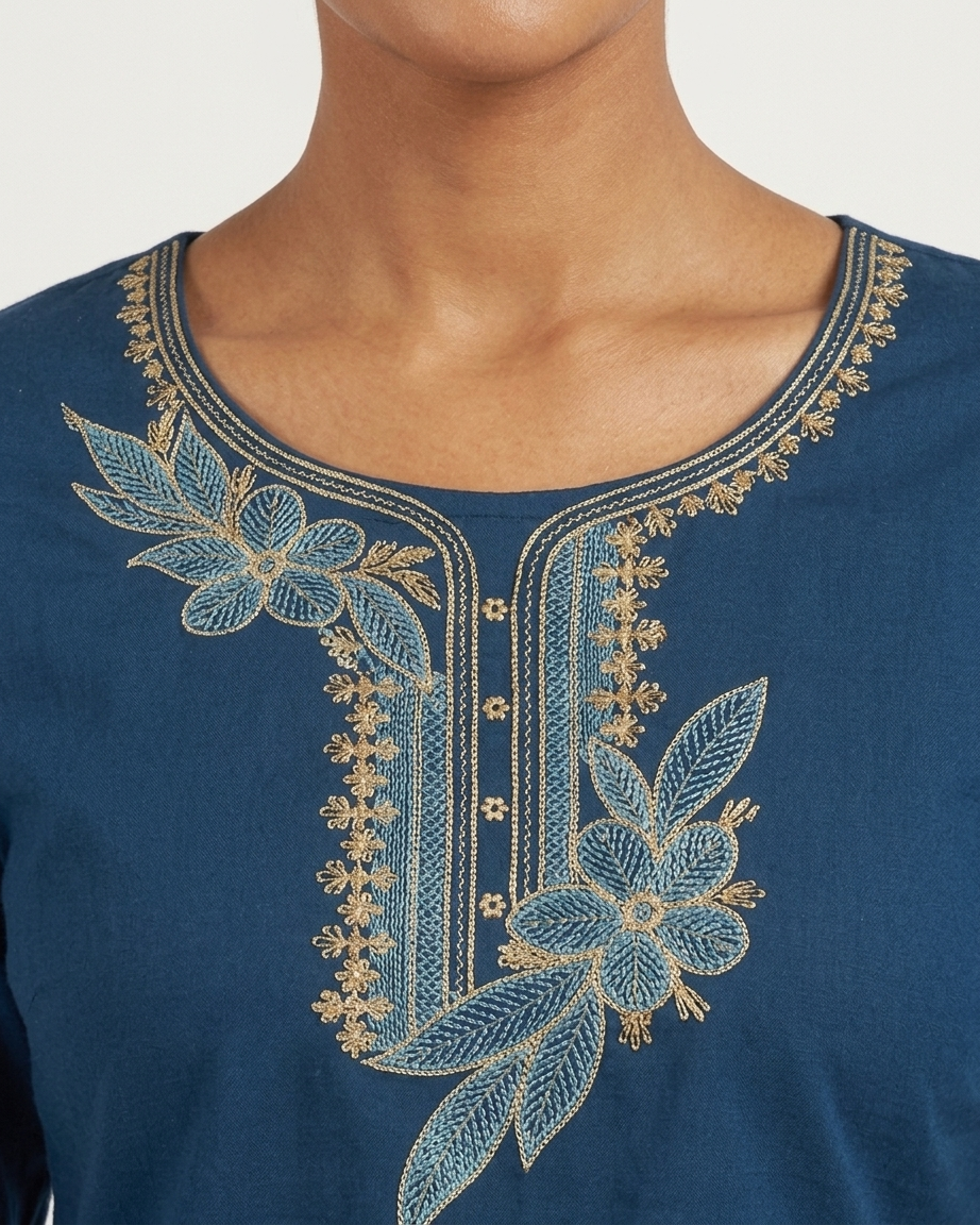 Women's Prussian Blue Cotton Short Kurti with Floral Embroidery