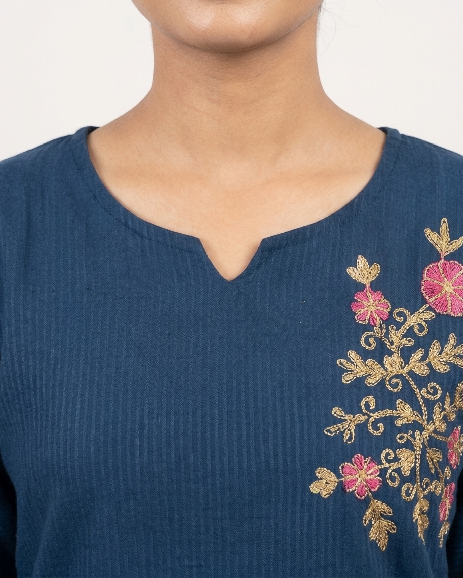 Navy Blue Floral Embroidered Cotton Slub Tunic