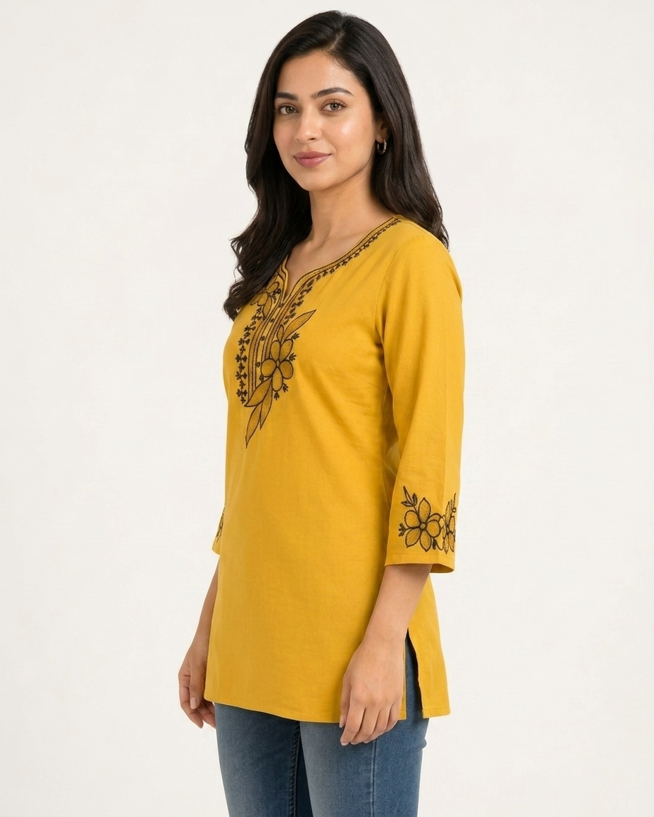 Women's Mustard Yellow Cotton Tunic with Black Floral Embroidery