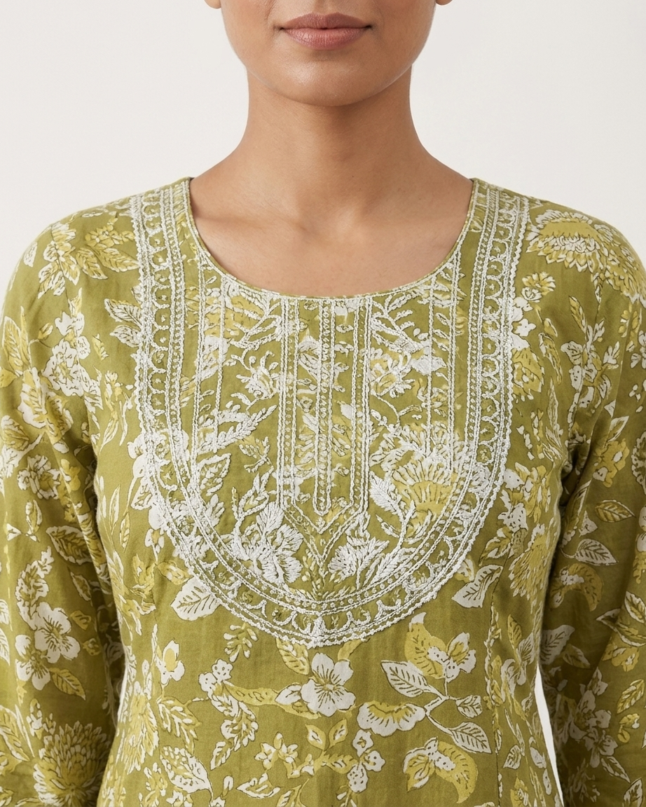 Women's Sage Green Floral Print Cotton Anarkali Kurta with Trousers