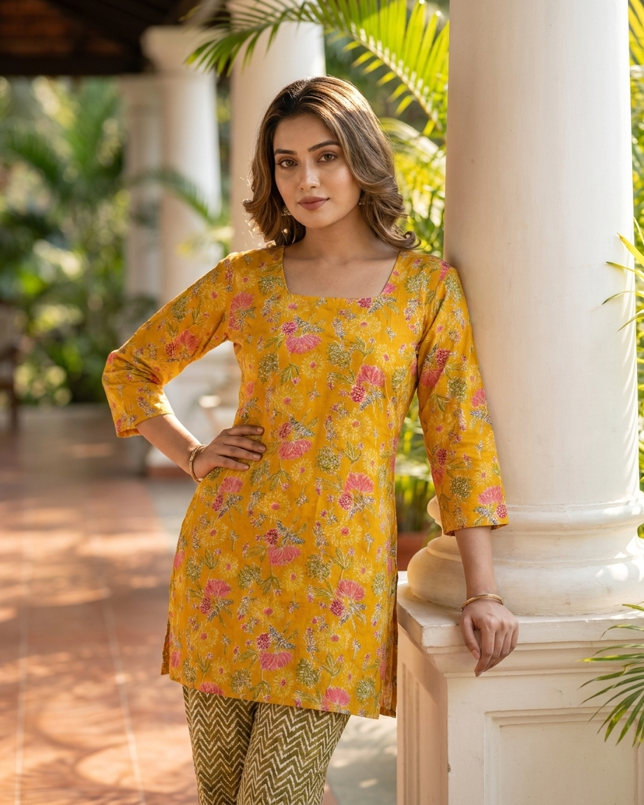 Mustard Yellow Floral Printed Square Neck Tunic