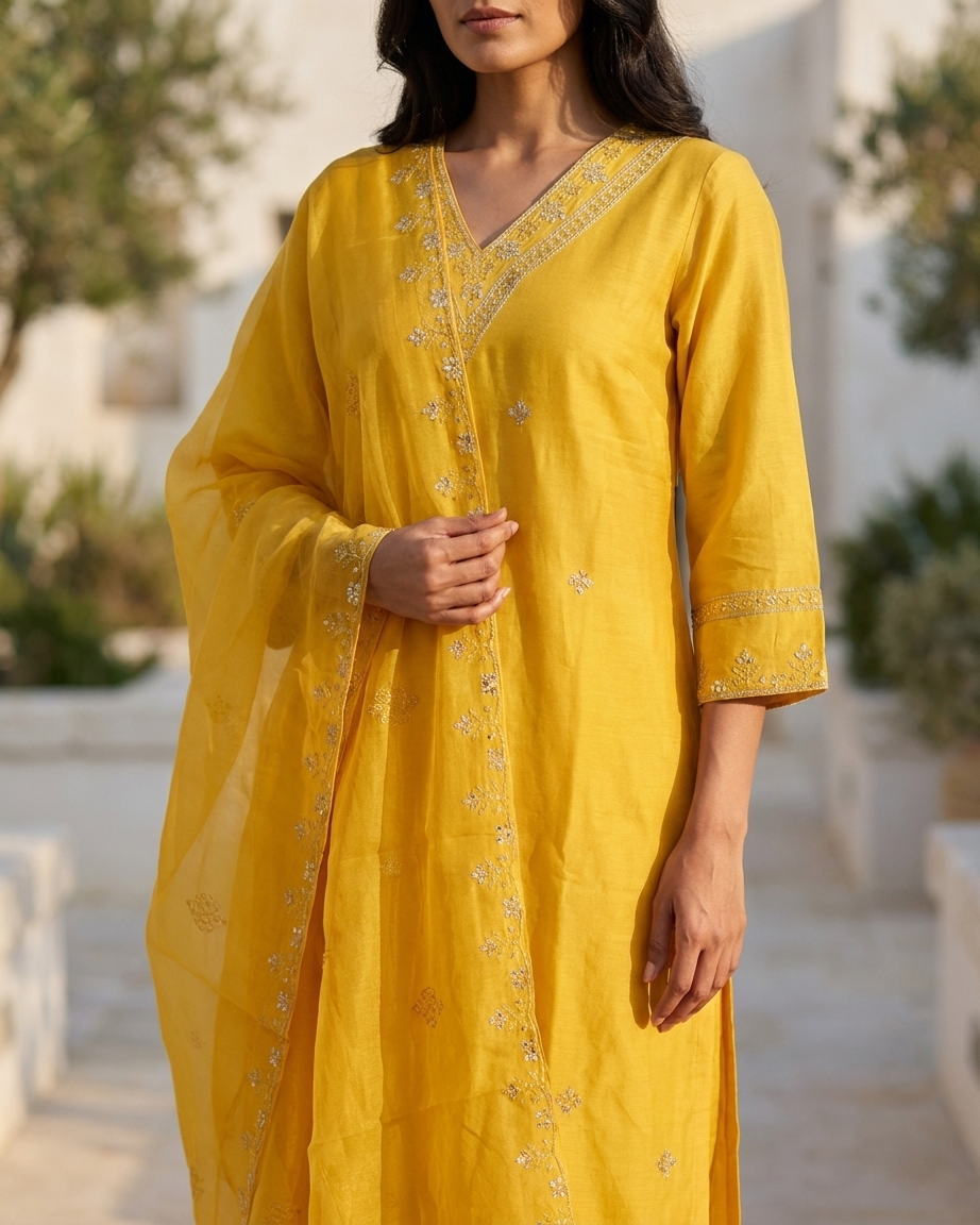 Yellow Ethnic V-Neck Kurti with Traditional Gota Patti Work
