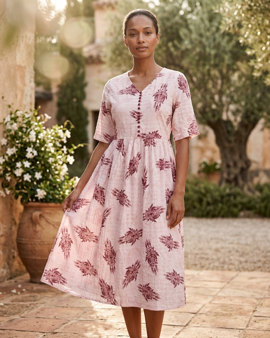 Pastel Pink V-Neck A-Line One-Piece Dress - Floral Print