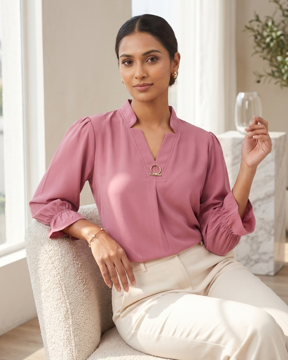 Korean Style Mauve Pink Puff Sleeve Top