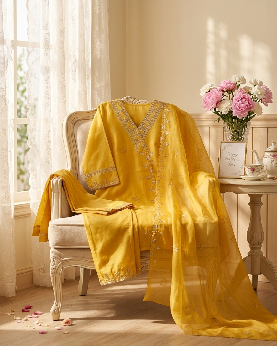 Yellow Ethnic V-Neck Kurti with Traditional Gota Patti Work