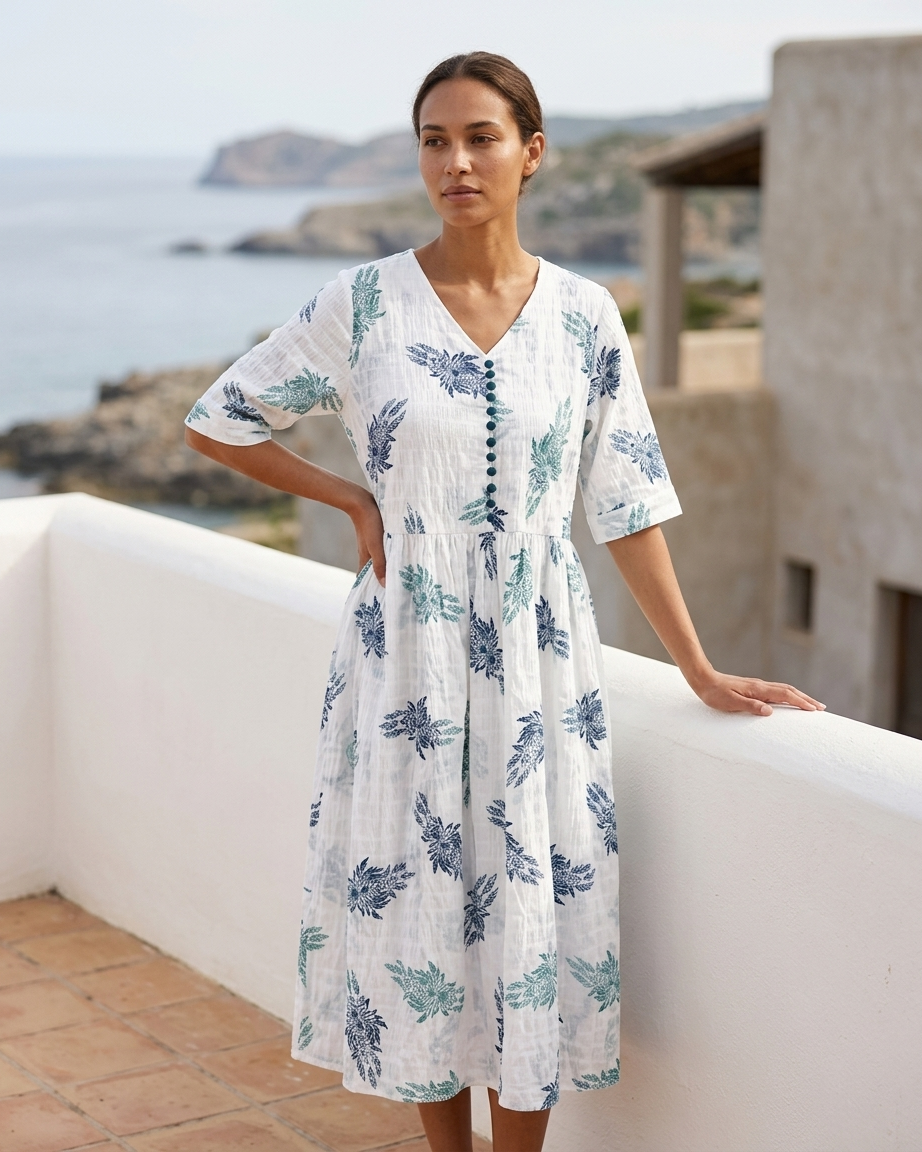 White & Blue Floral Midi Dress