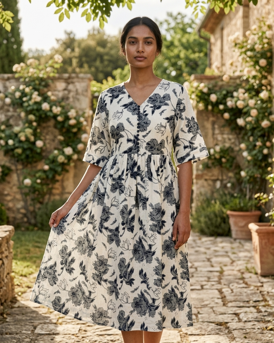 White & Blue Floral Midi Dress.