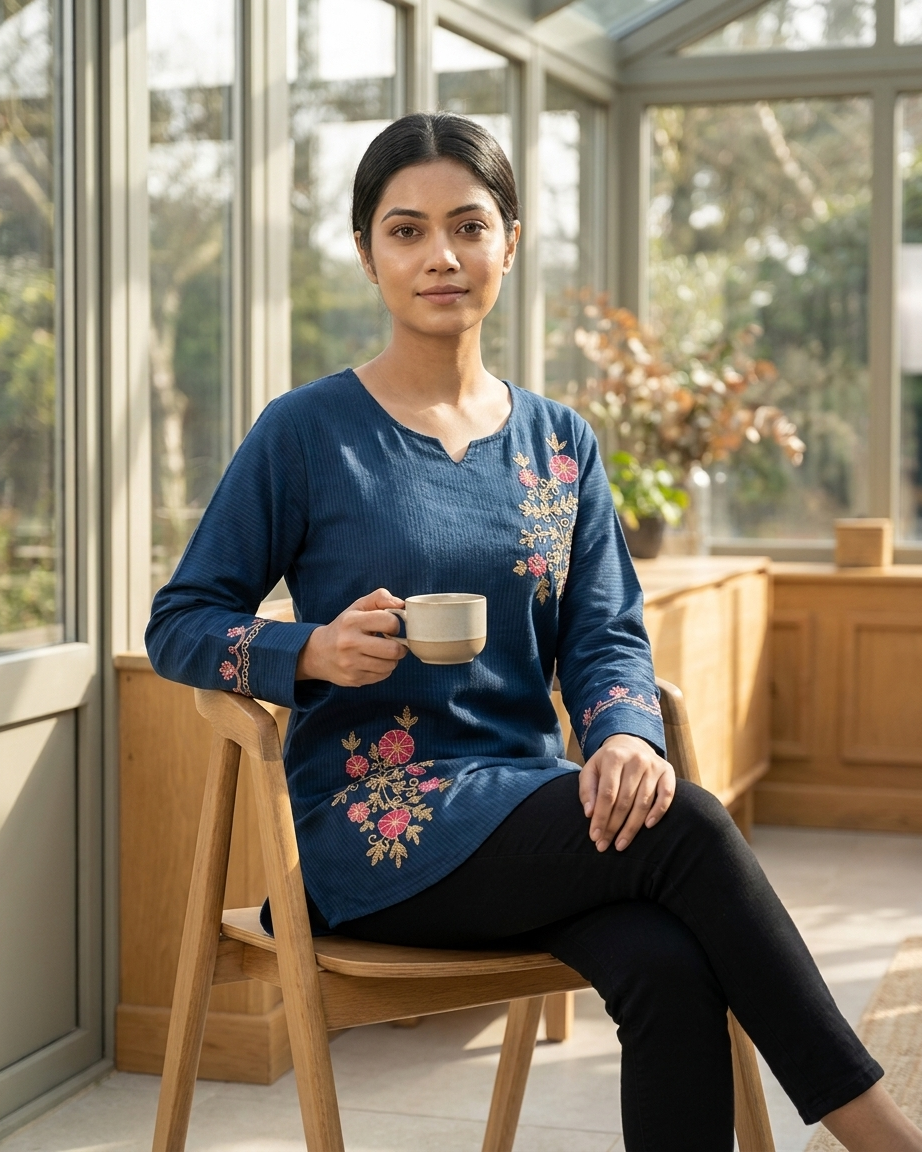 Navy Blue Floral Embroidered Cotton Slub Tunic