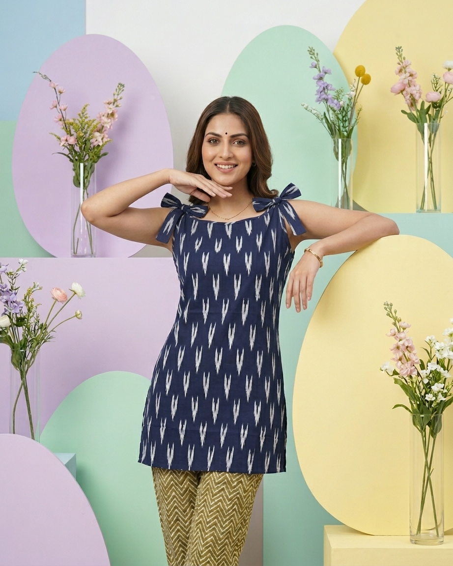 Indigo Blue Ikat Print Sleeveless Tunic with Shoulder Ties
