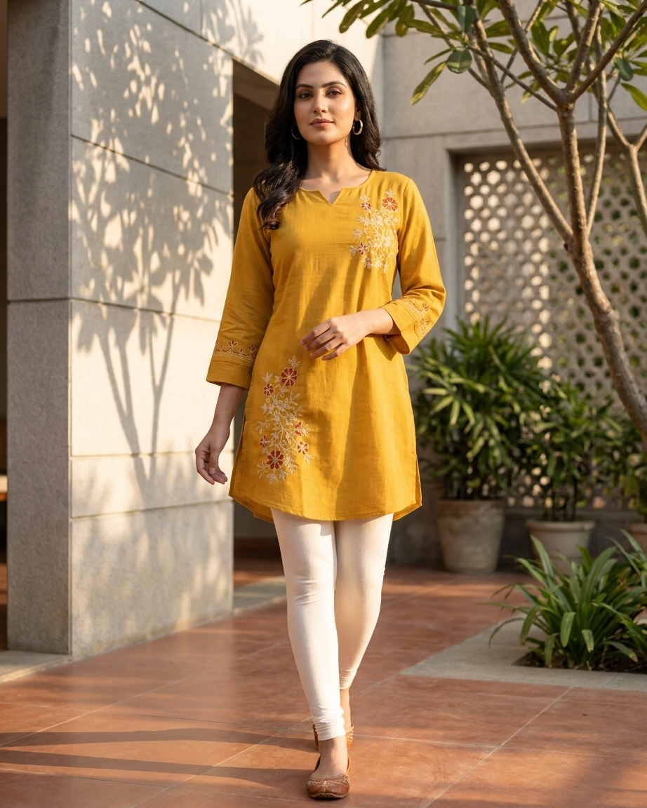 Mustard Yellow Cotton Slub Embroidered Tunic