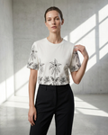Women's Off-White Cotton T-Shirt with Black Tropical Palm Outline Print