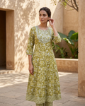 Women's Sage Green Floral Print Cotton Anarkali Kurta with Trousers