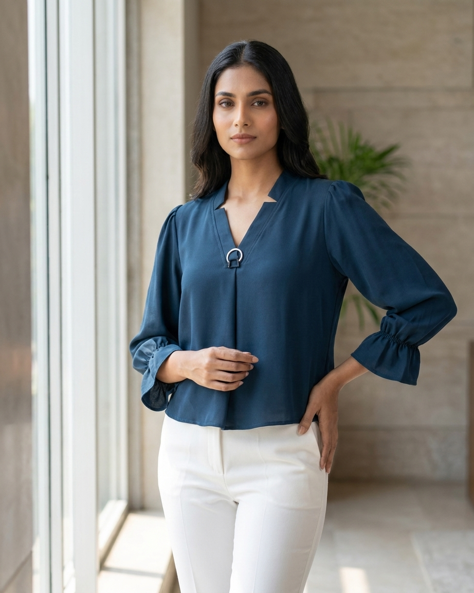 Korean Style Teal Blue Puff Sleeve Top