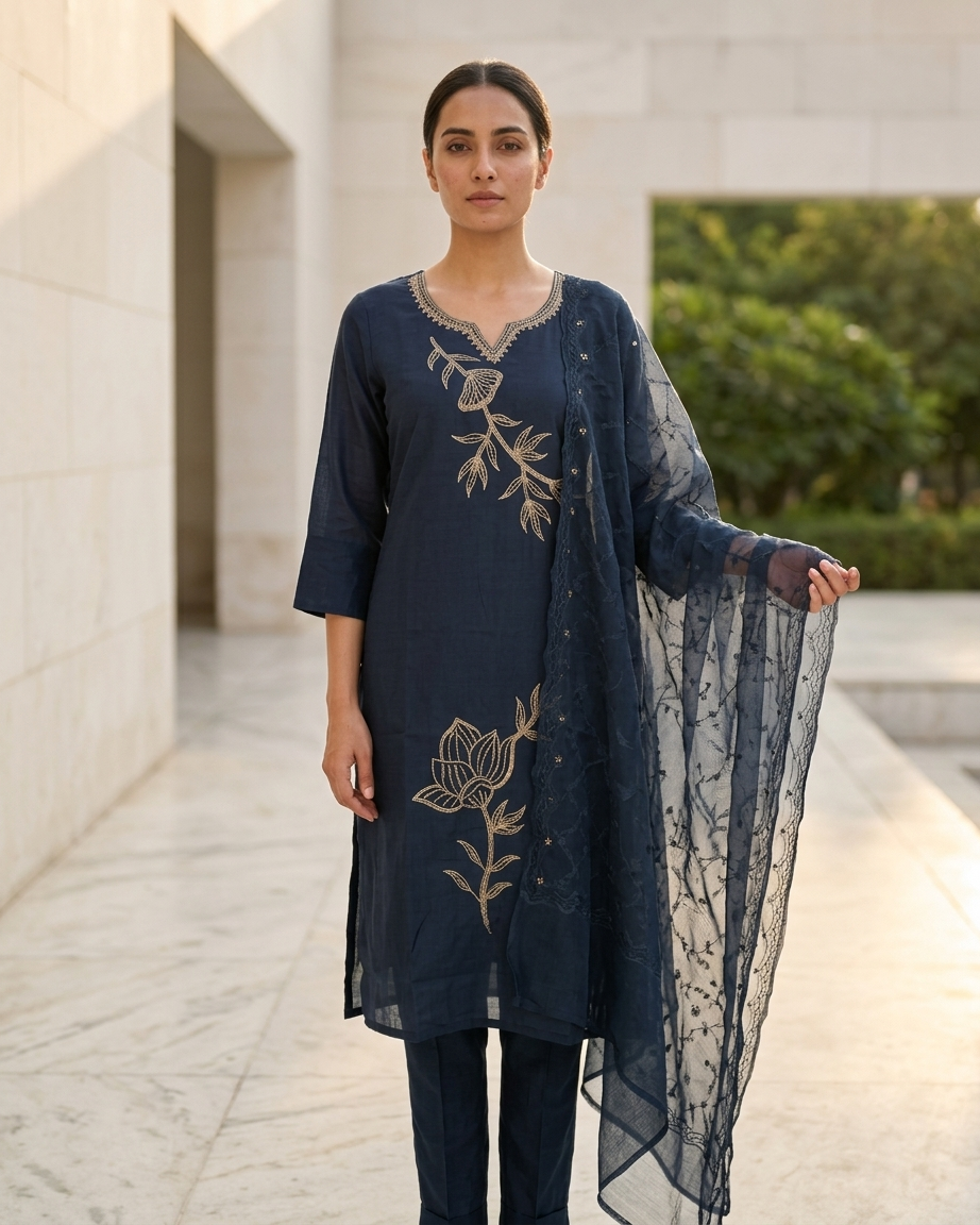 Women's Navy Blue Silk Kurta Set with Gold Floral Embroidery & Sheer Dupatta