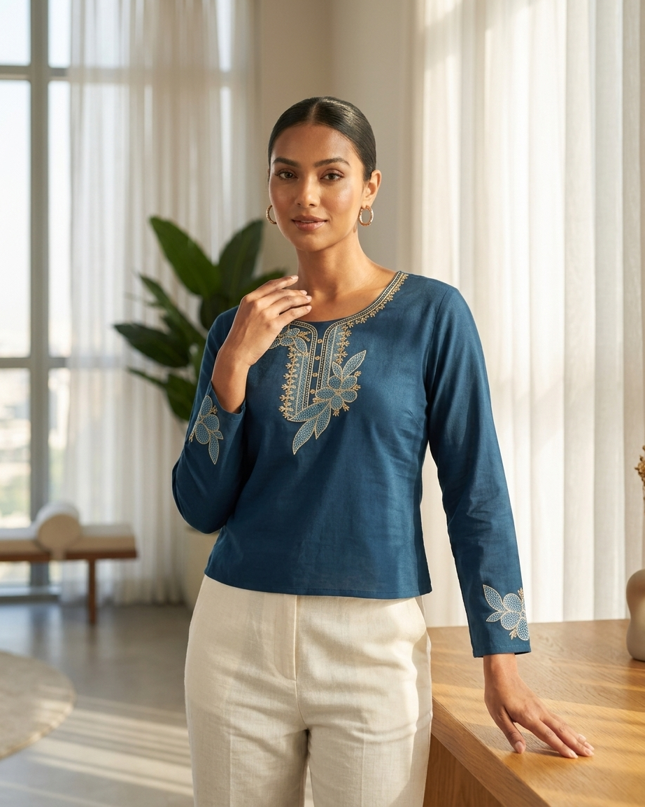 Women's Prussian Blue Cotton Short Kurti with Floral Embroidery