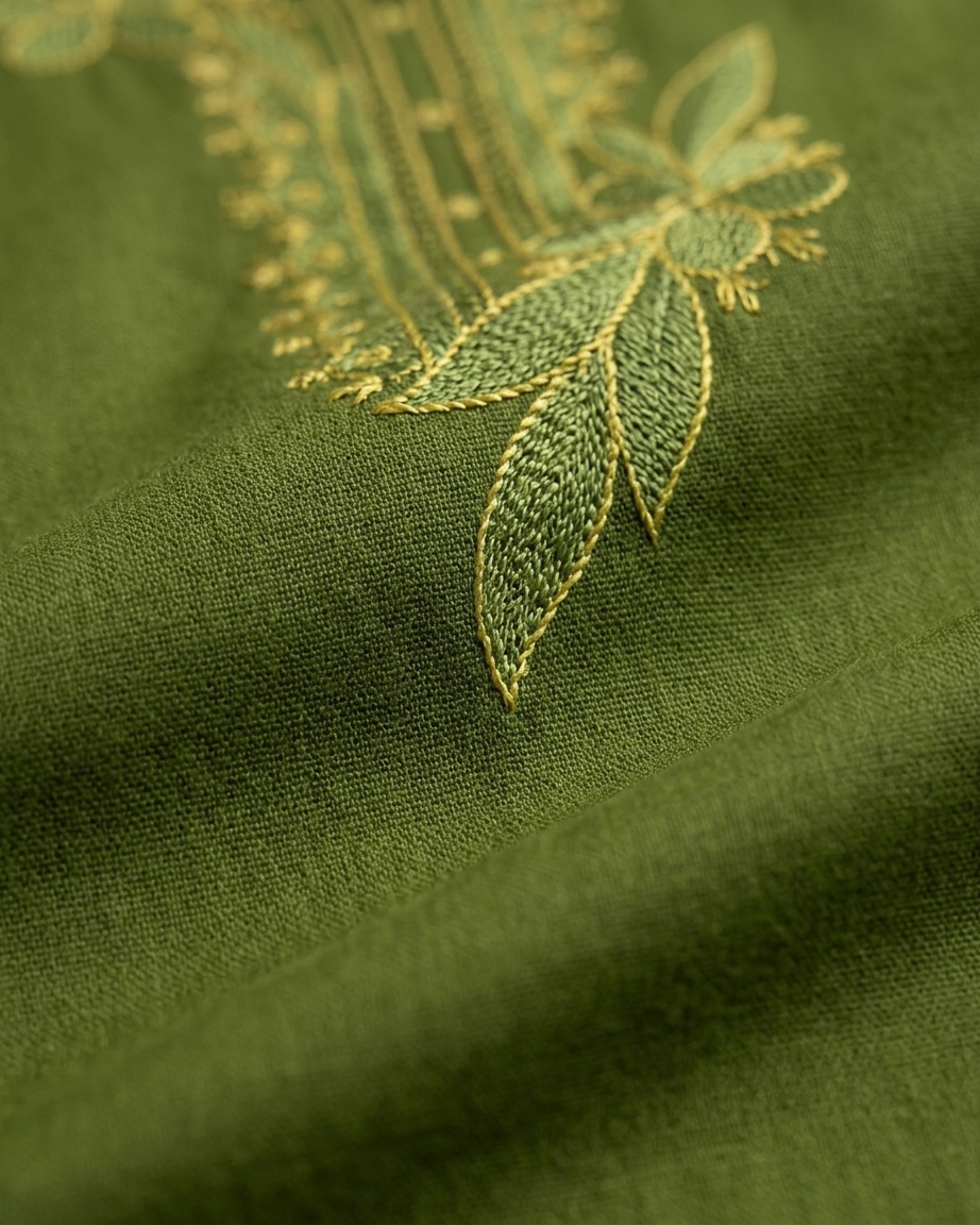 Women's Olive Green Cotton Kurta with Intricate Floral Embroidery