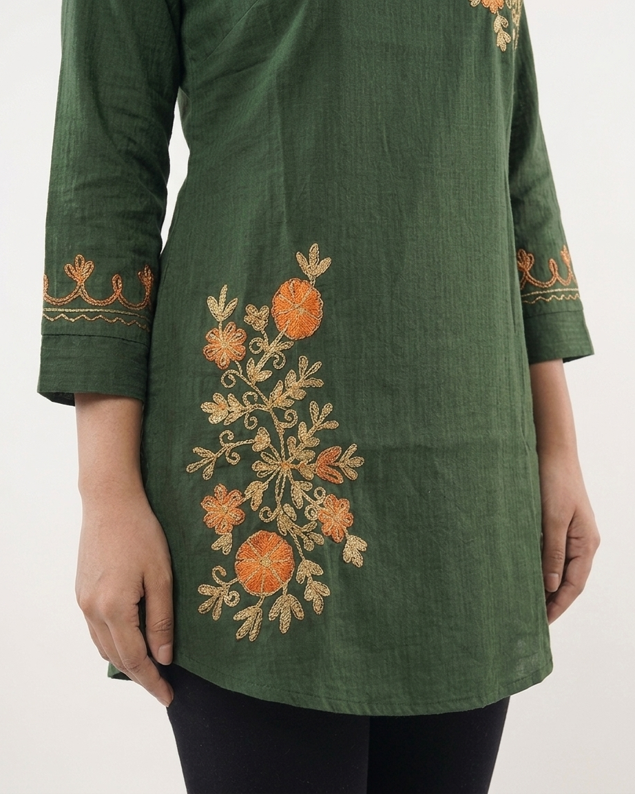 Bottle Green Floral Embroidered Cotton Slub Tunic
