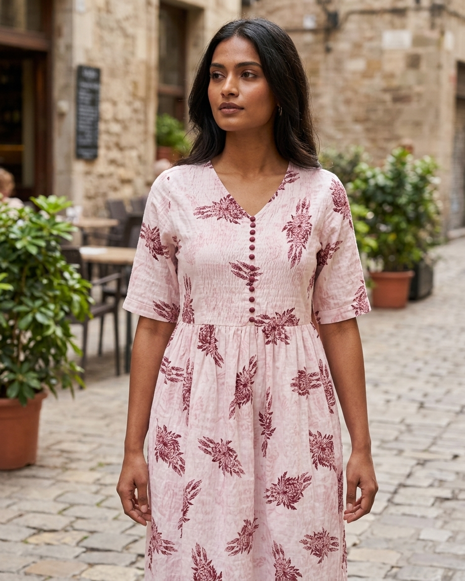 Pastel Pink V-Neck A-Line One-Piece Dress - Floral Print