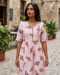 Pastel Pink V-Neck A-Line One-Piece Dress - Floral Print