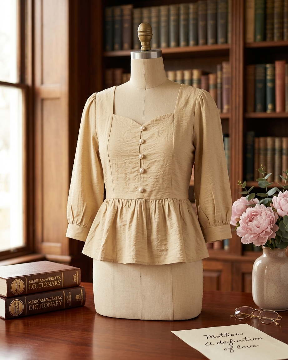 Mannequin wearing a beige blouse with a bookshelf and flowers in the background