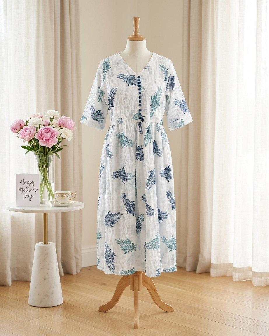White & Blue Floral Midi Dress