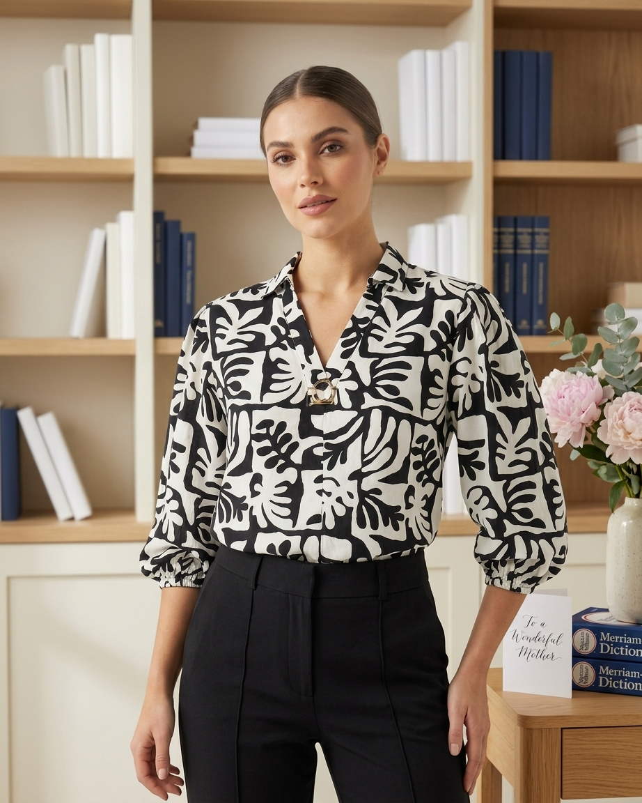 Women's Black & White Abstract Print Shirt with Gold Buckle Detail