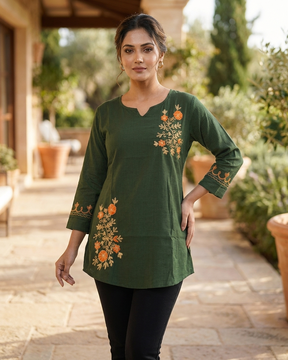 Bottle Green Floral Embroidered Cotton Slub Tunic