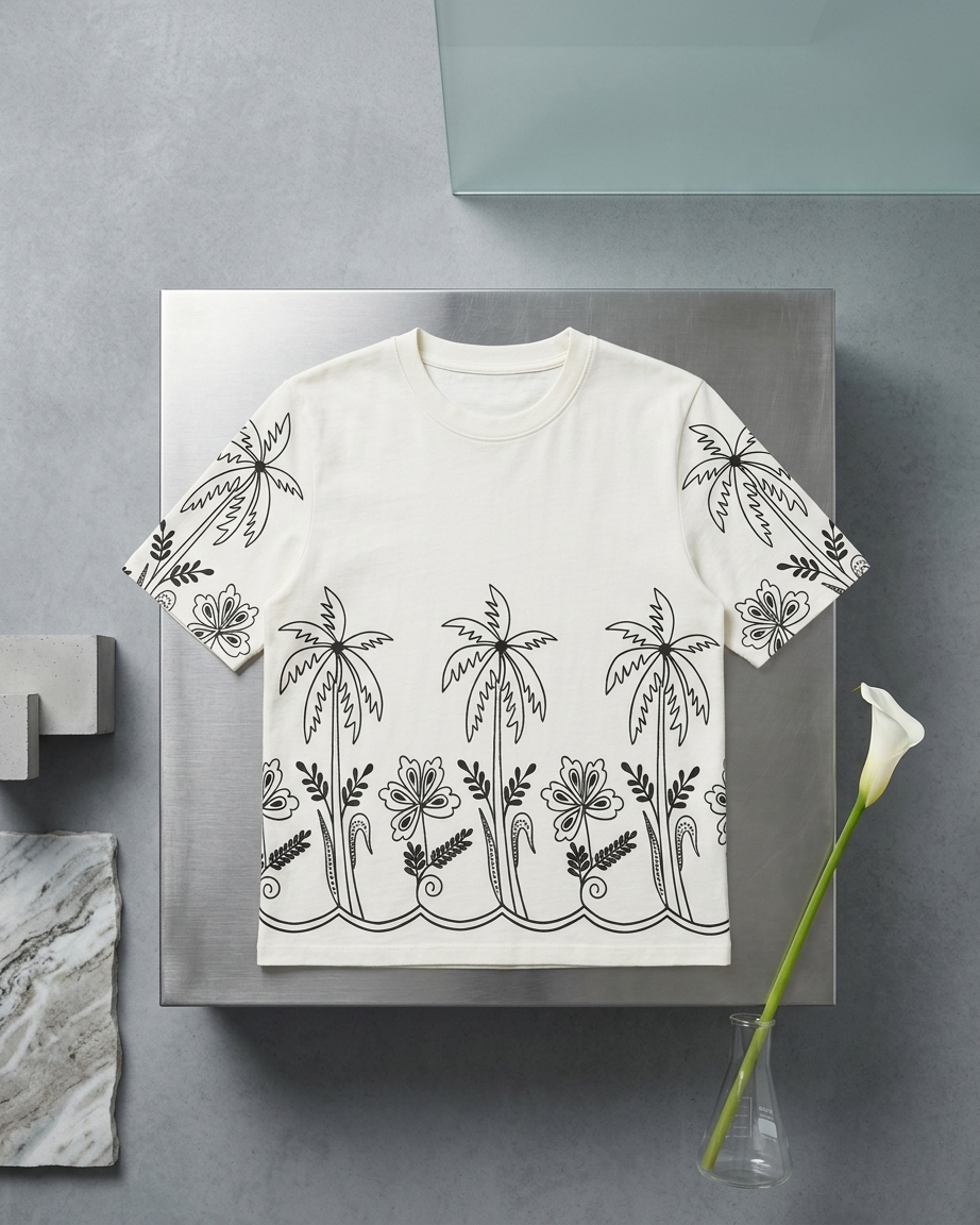 Women's Off-White Cotton T-Shirt with Black Tropical Palm Outline Print