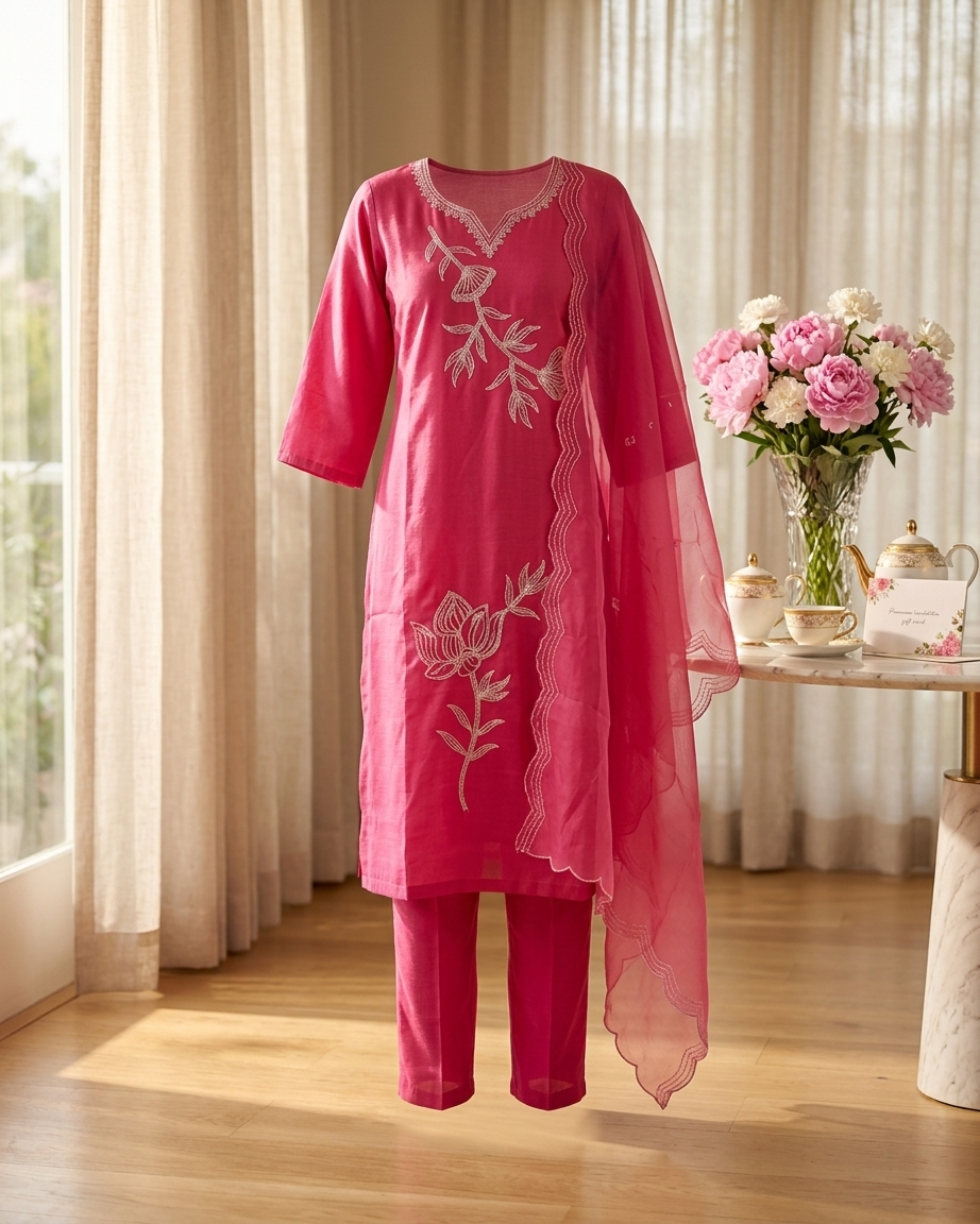 Women's Magenta Pink Silk Kurta Set with Silver Floral Embroidery & Scalloped Dupatta