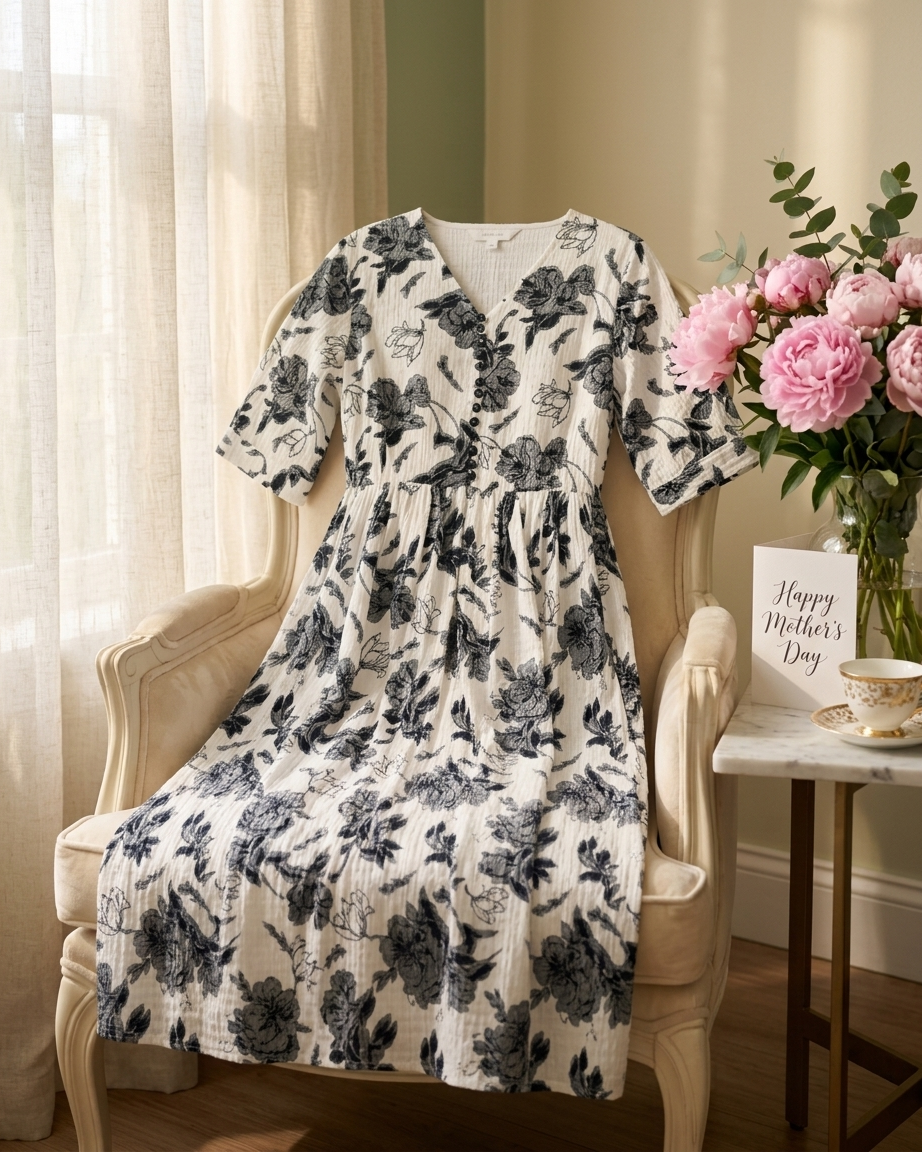 White & Blue Floral Midi Dress.