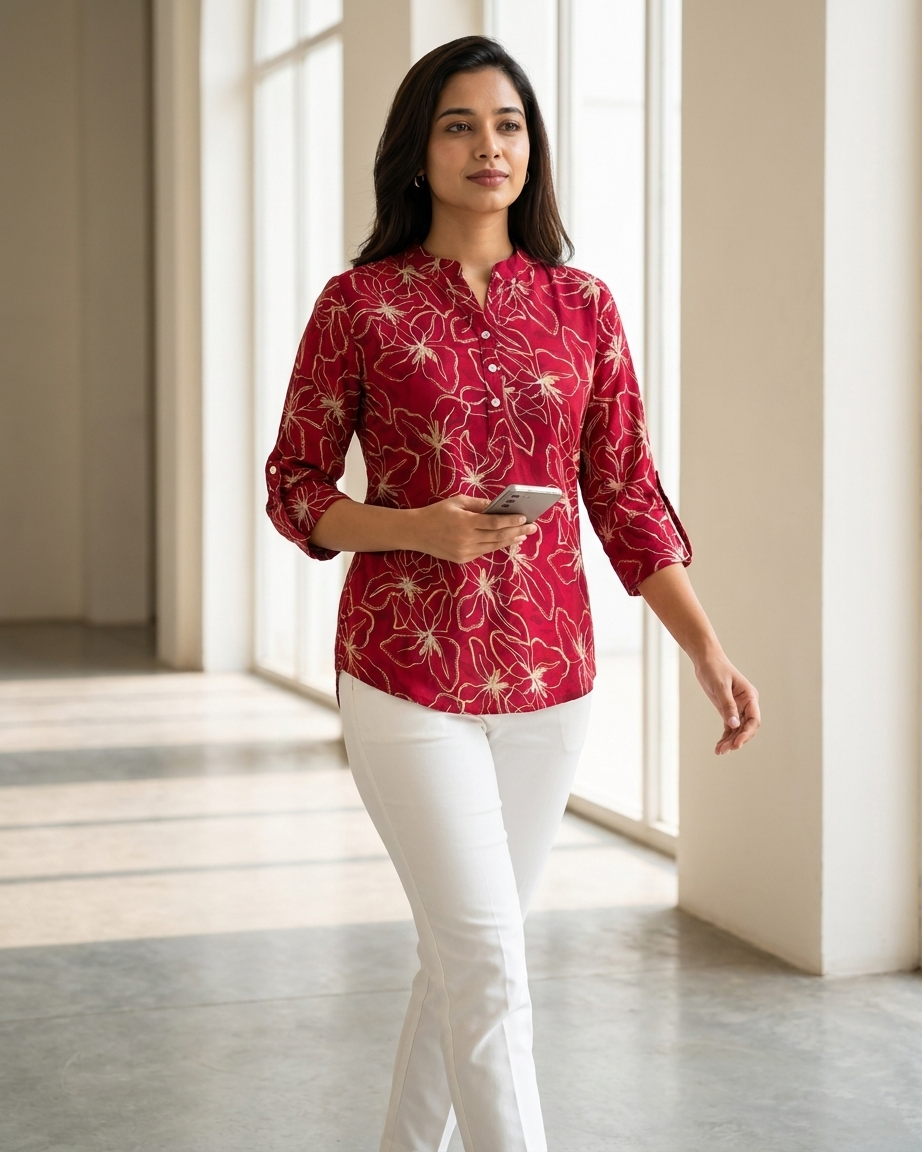 Cherry Red Floral Print Tunic with Mandarin Collar & Roll-Up Sleeves