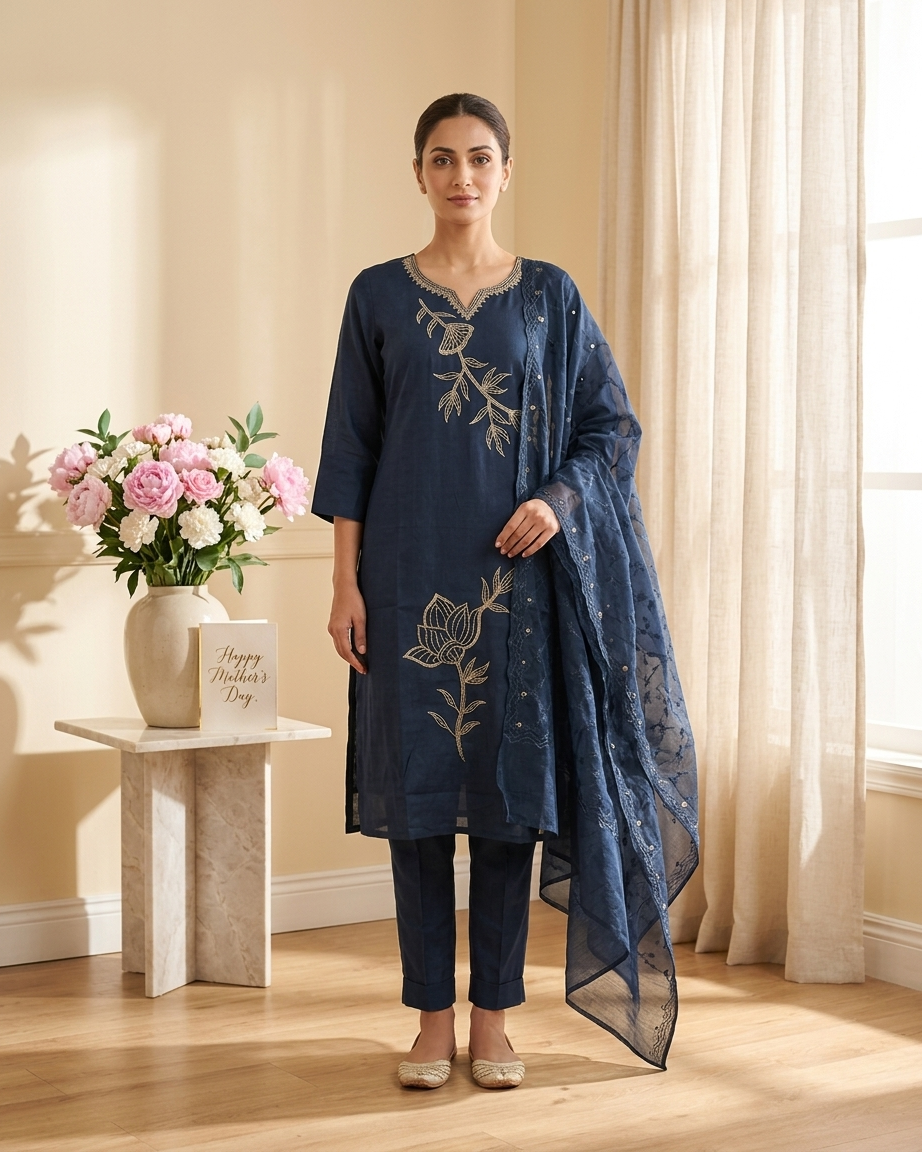 Women's Navy Blue Silk Kurta Set with Gold Floral Embroidery & Sheer Dupatta