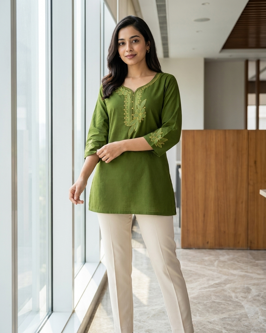 Women's Olive Green Cotton Kurta with Intricate Floral Embroidery