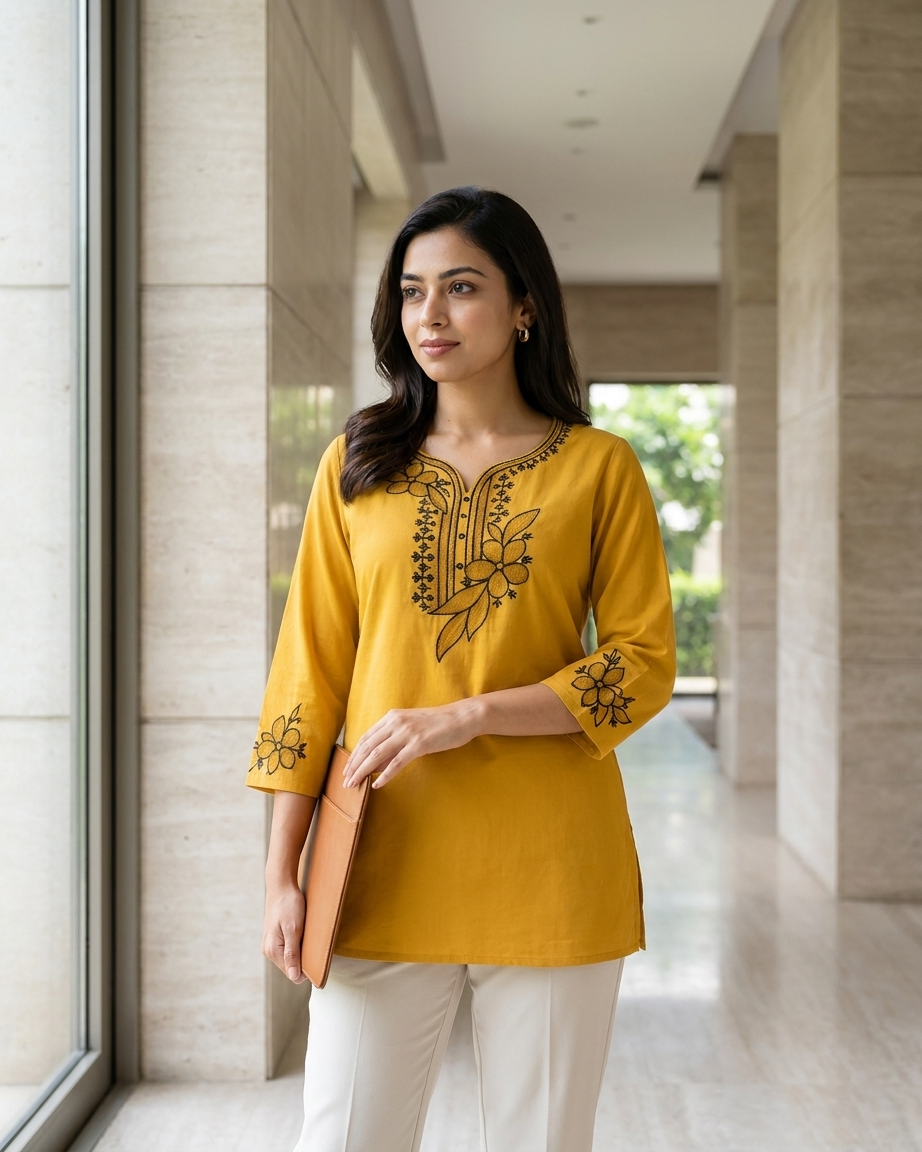 Women's Mustard Yellow Cotton Tunic with Black Floral Embroidery