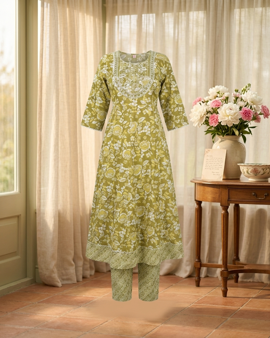 Women's Sage Green Floral Print Cotton Anarkali Kurta with Trousers