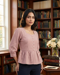 Mauve Pink Textured Peplum Top with Pearl Button Details