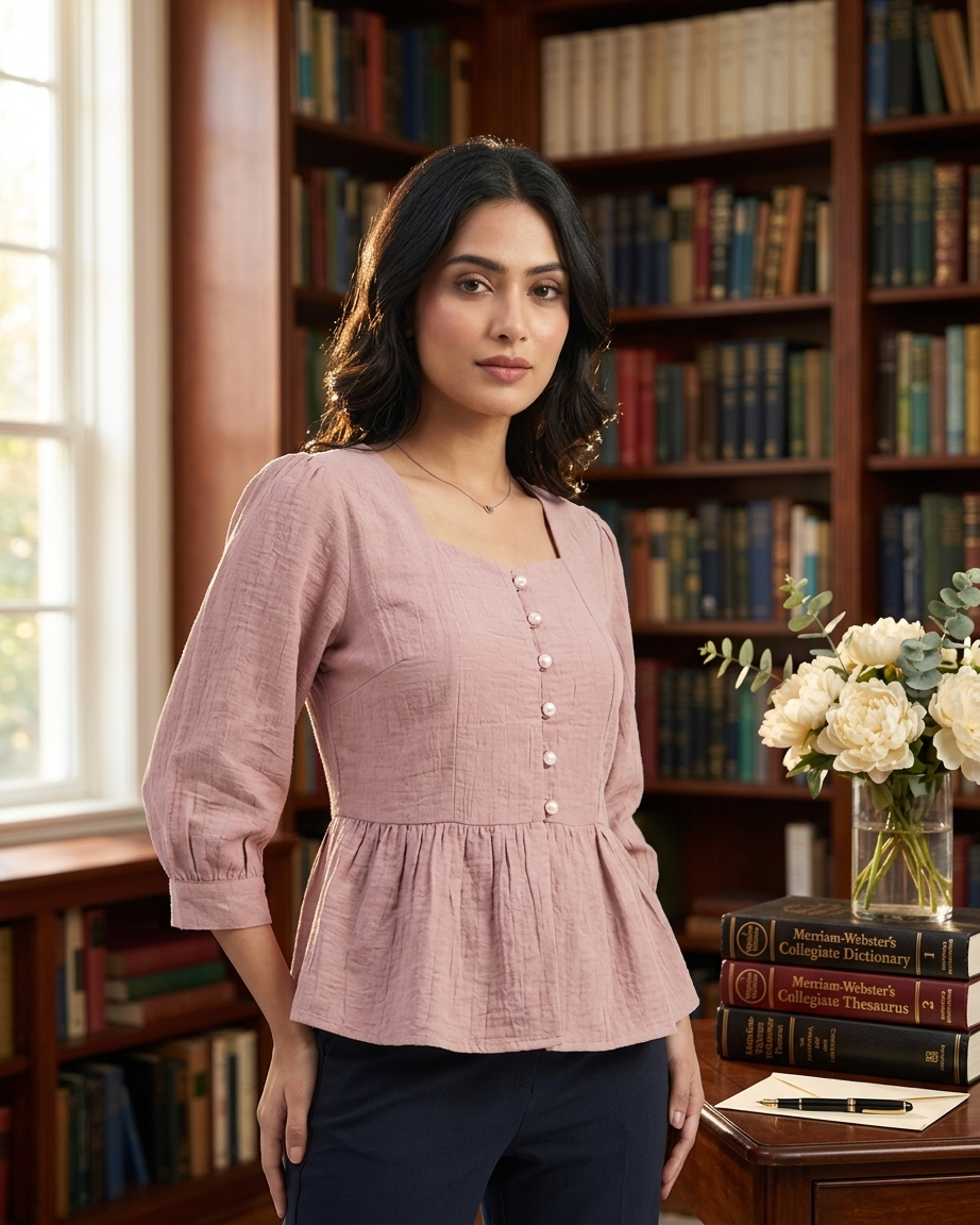 Mauve Pink Textured Peplum Top with Pearl Button Details
