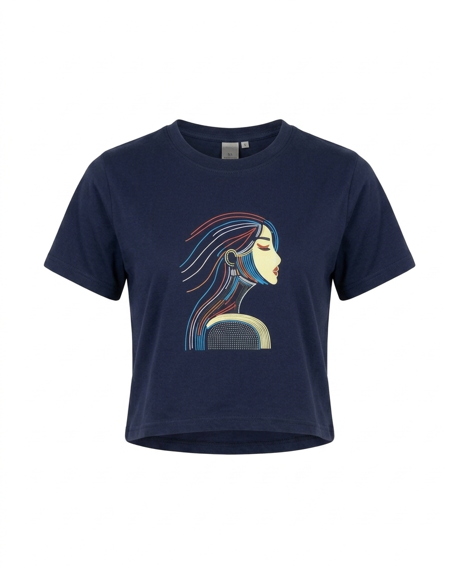 Women's Navy Blue Relaxed Fit Cotton Tee with Artistic Portrait Graphic