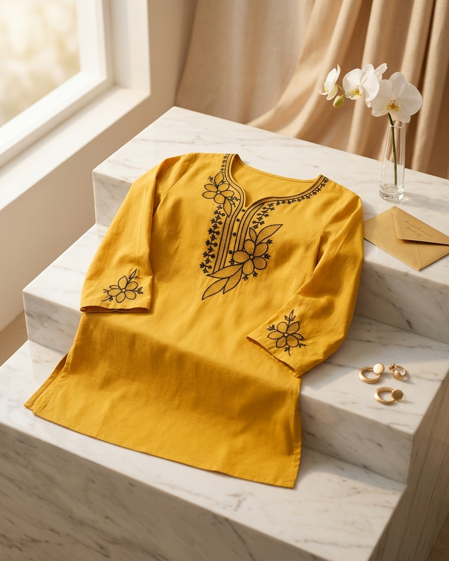Women's Mustard Yellow Cotton Tunic with Black Floral Embroidery